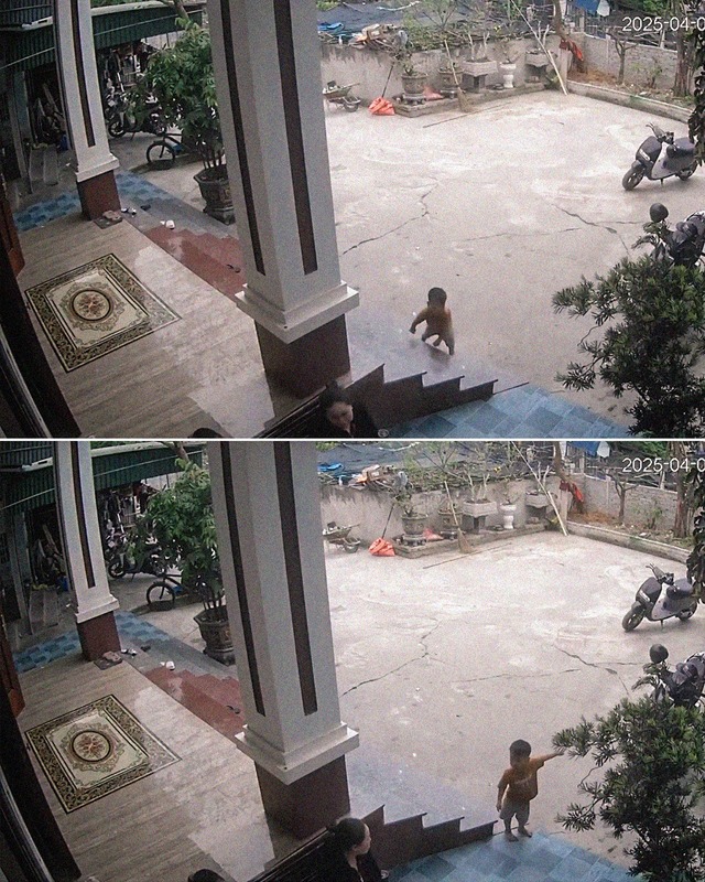 Camera an ninh ghi lại cảnh một bé trai khoảng 3 tuổi chạy vào, la hét và chỉ tay ra cổng khi mọi người lớn trong nhà đang trò chuyện Camera an ninh ghi lại cảnh một bé trai khoảng 3 tuổi chạy vào, la hét và chỉ tay ra cổng khi mọi người lớn trong nhà đang trò chuyện