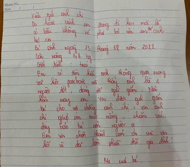 Lá thư của người mẹ trẻ khi gửi gắm con cho gia đình anh Dũng Lá thư của người mẹ trẻ khi gửi gắm con cho gia đình anh Dũng